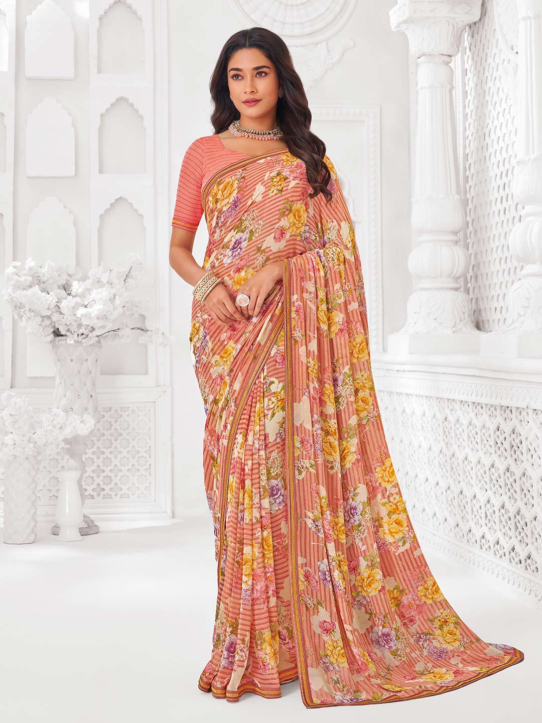 Orange georgette floral printed saree