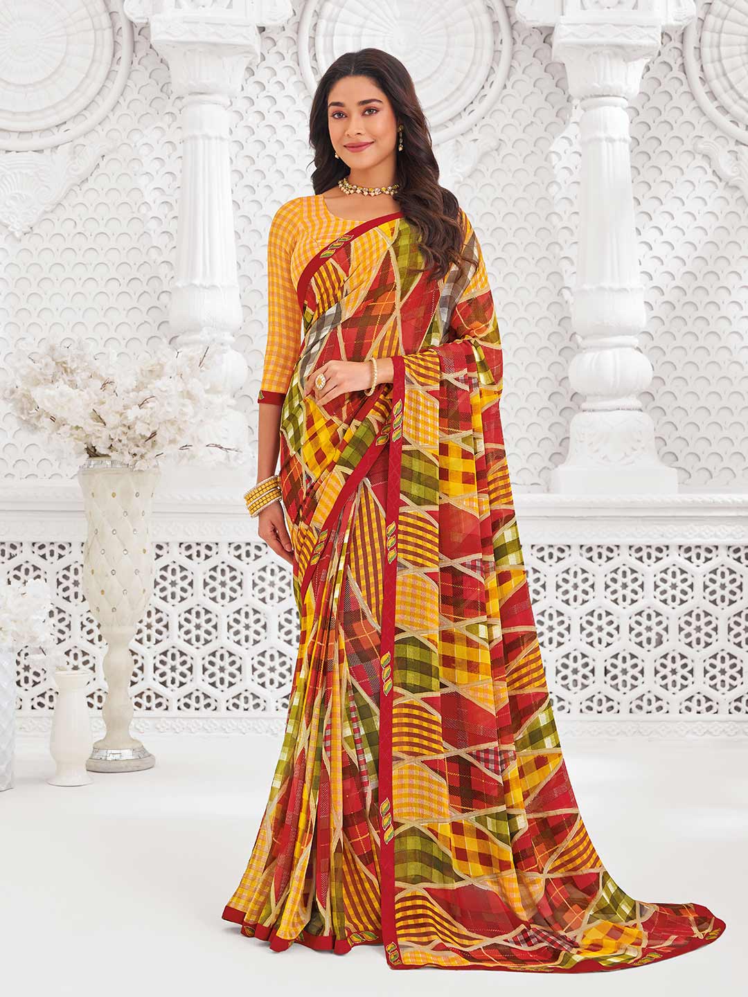 Mustard georgette abstract printed saree 