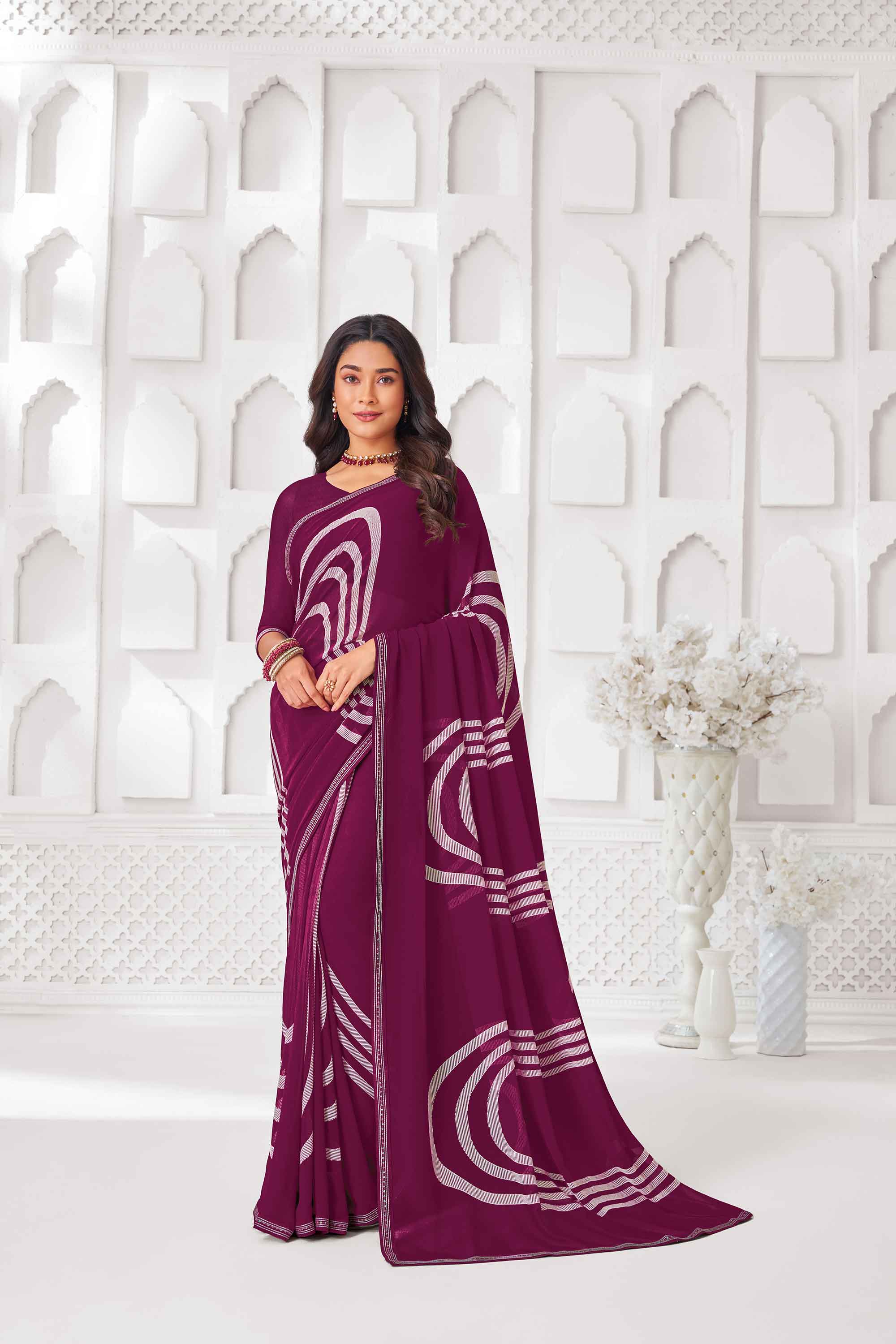 Purple georgette abstract printed saree 
