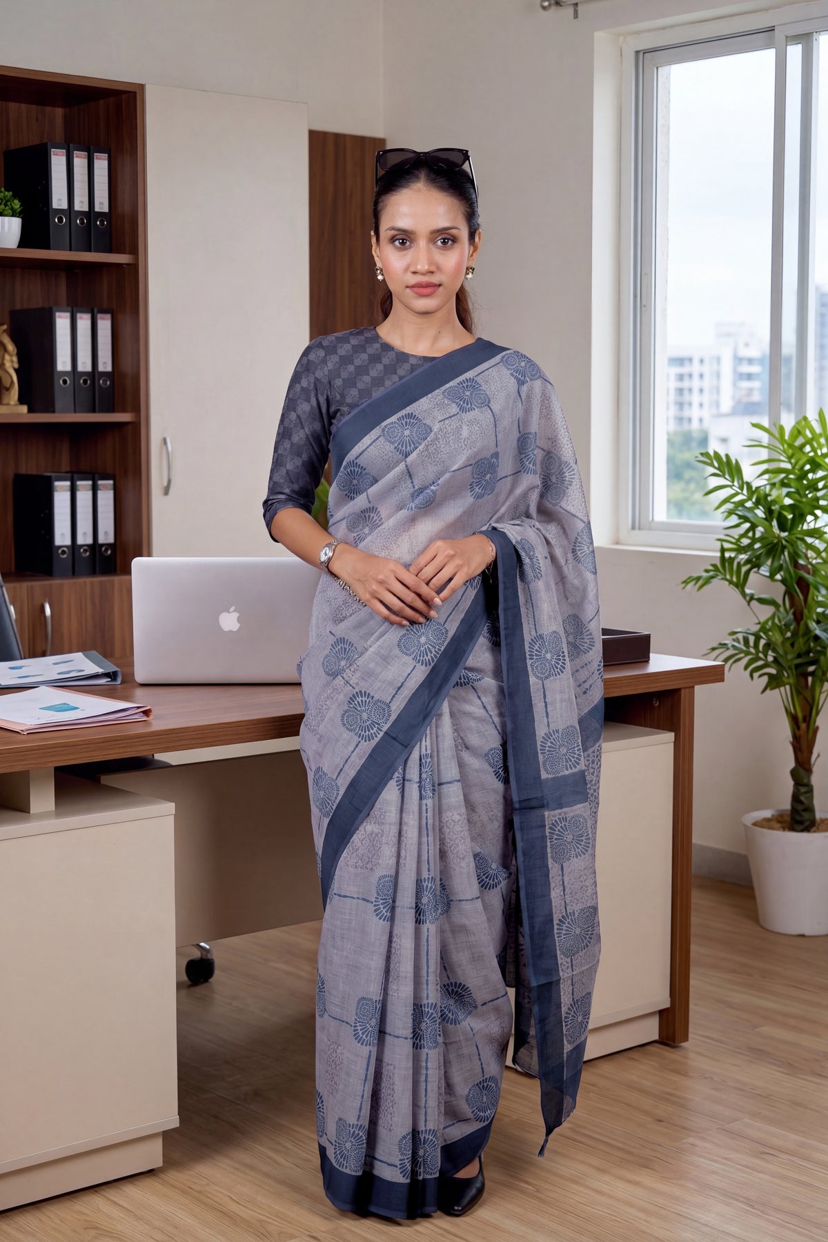 Grey geometric printed cotton blend saree corporate wear
