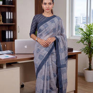 Grey geometric printed cotton blend saree corporate wear
