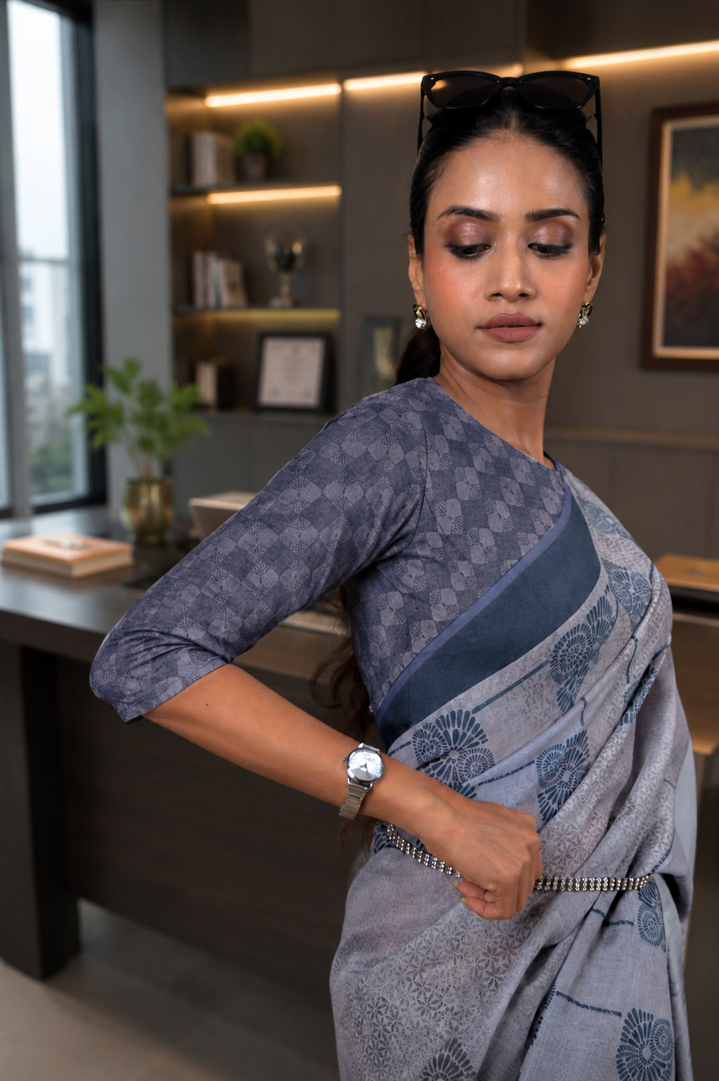 Grey geometric printed cotton blend saree work wear
