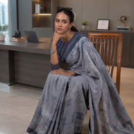 Grey geometric printed cotton blend saree office wear
