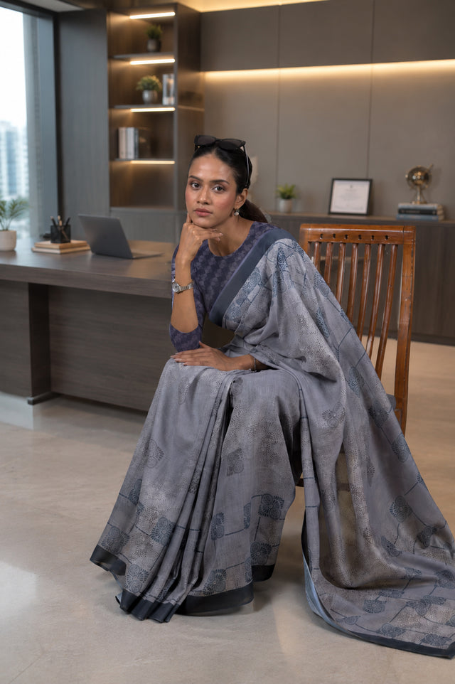 Grey geometric printed cotton blend saree office wear
