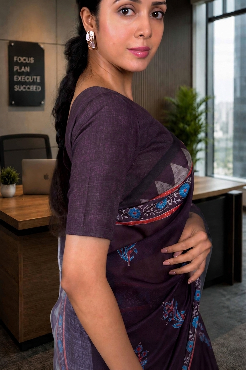 Laxmipati Power Pleats Purple Linen Geometric Printed Saree