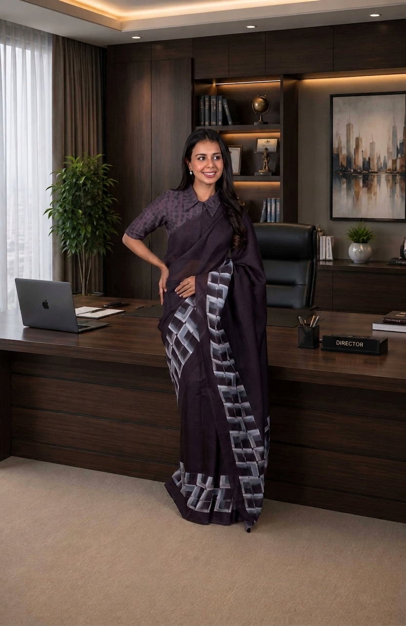 Purple geometric printed cotton blend saree work wear
