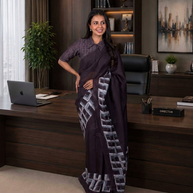 Purple geometric printed cotton blend saree work wear
