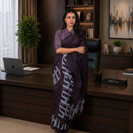 Purple geometric printed cotton blend saree corporate wear
