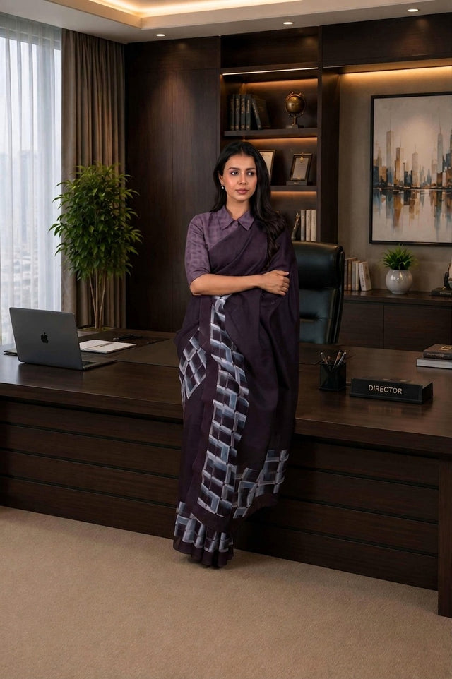 Purple geometric printed cotton blend saree corporate wear
