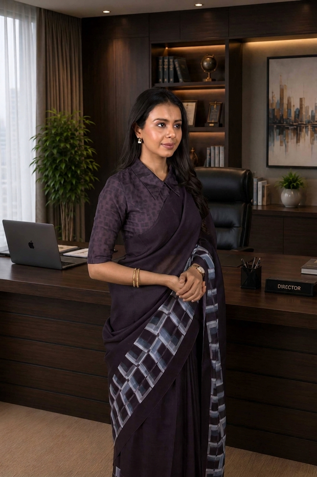 Purple geometric printed cotton blend saree office wear
