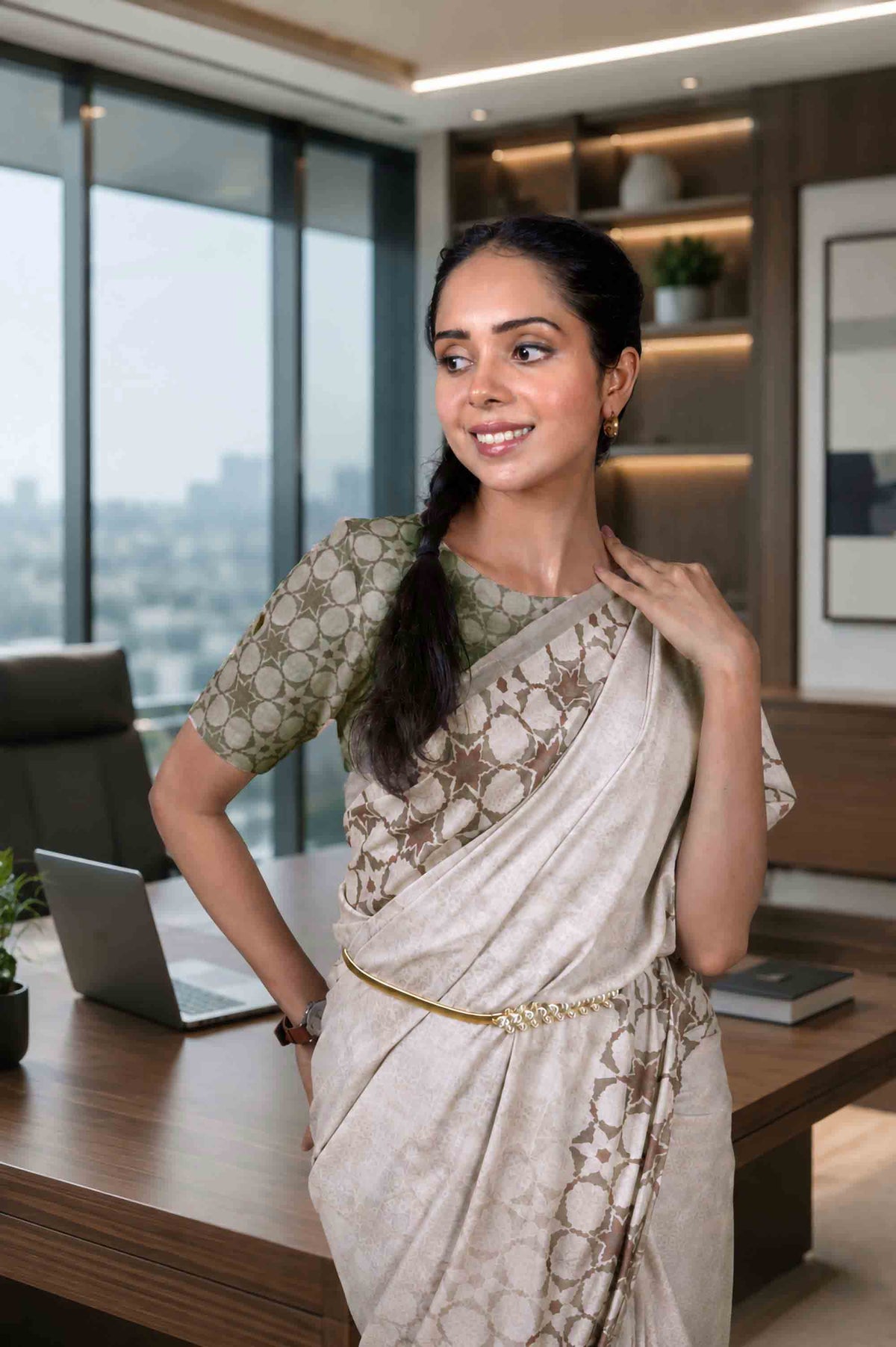 Cream geometric printed cotton blend saree formal wear
