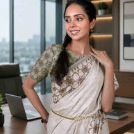 Cream geometric printed cotton blend saree formal wear
