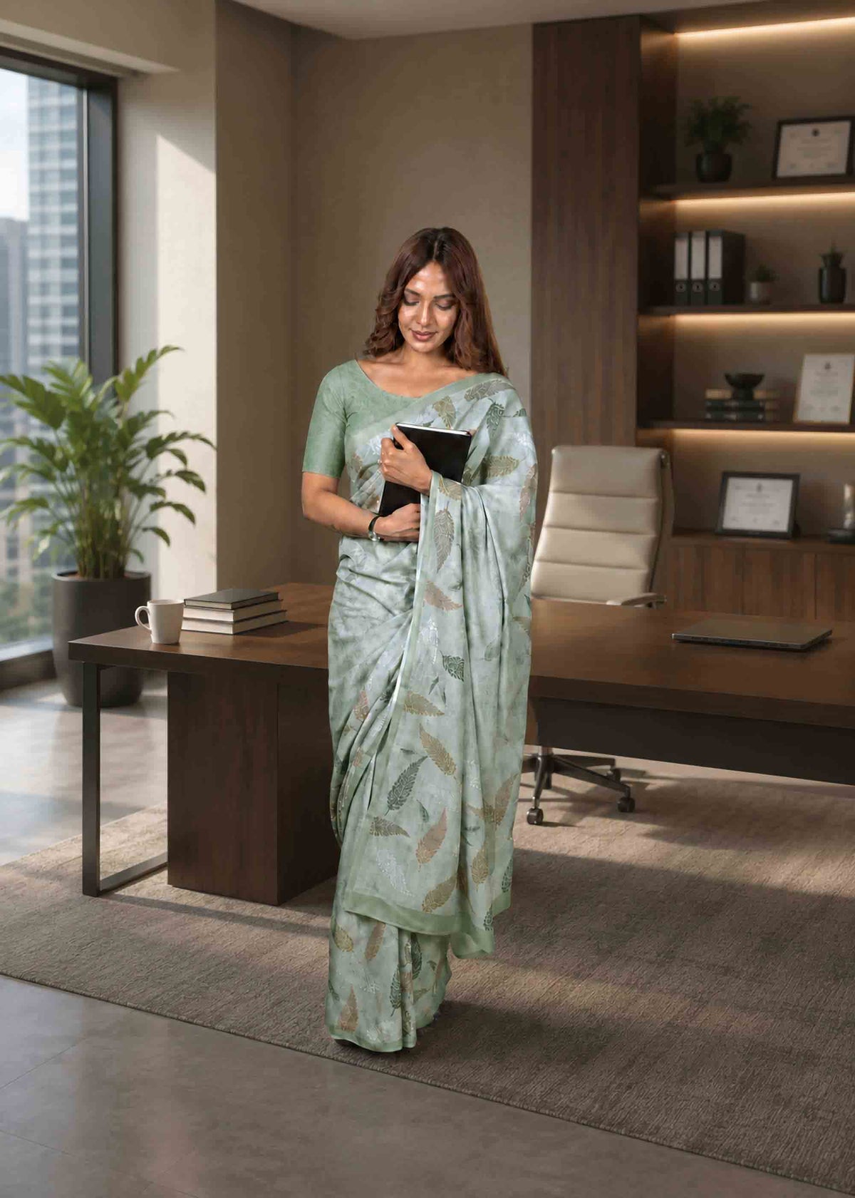 Green floral printed cotton blend saree corporate wear
