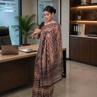 Brown zig zag printed cotton blend saree office wear
