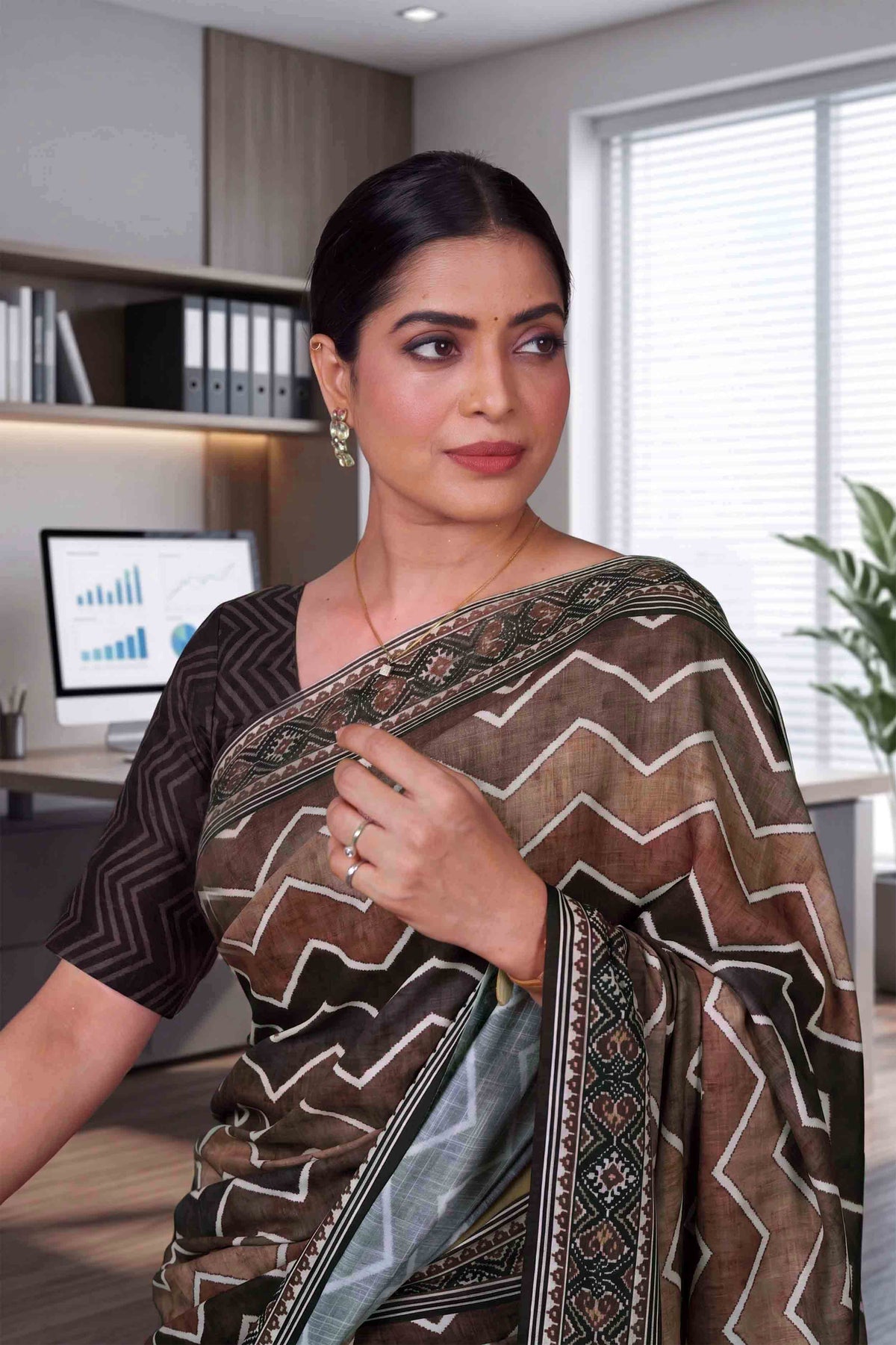 Brown zig zag printed cotton blend saree formal wear

