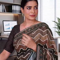 Brown zig zag printed cotton blend saree formal wear
