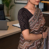 Brown zig zag printed cotton blend saree daily office wear
