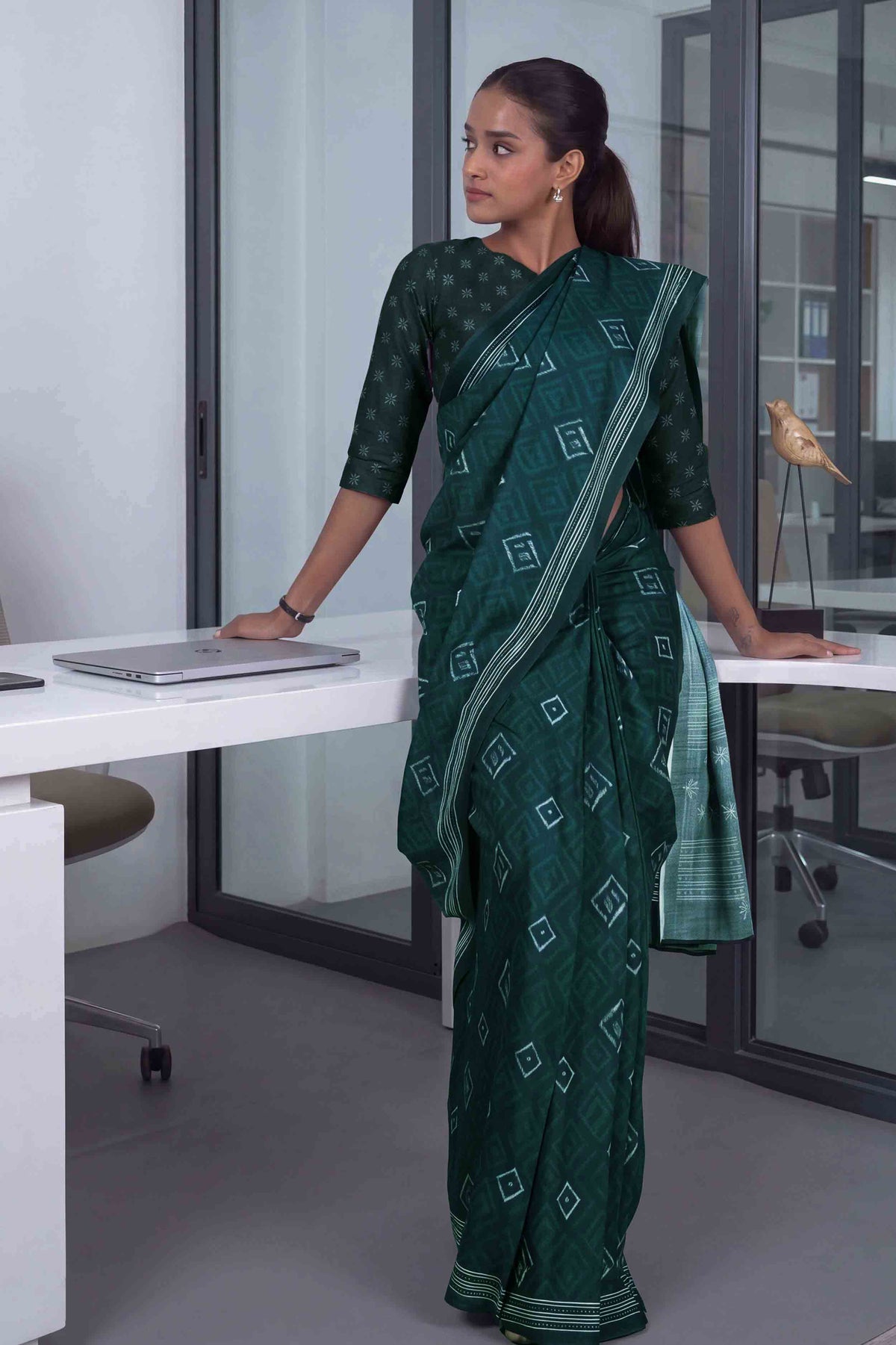 Blue geometric printed cotton blend saree corporate wear
