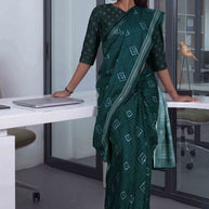 Blue geometric printed cotton blend saree corporate wear
