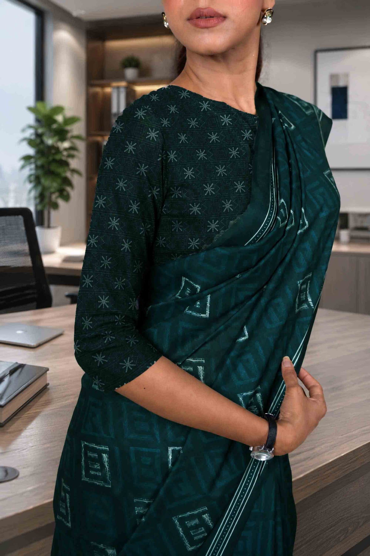 Blue geometric printed cotton blend saree daily office wear
