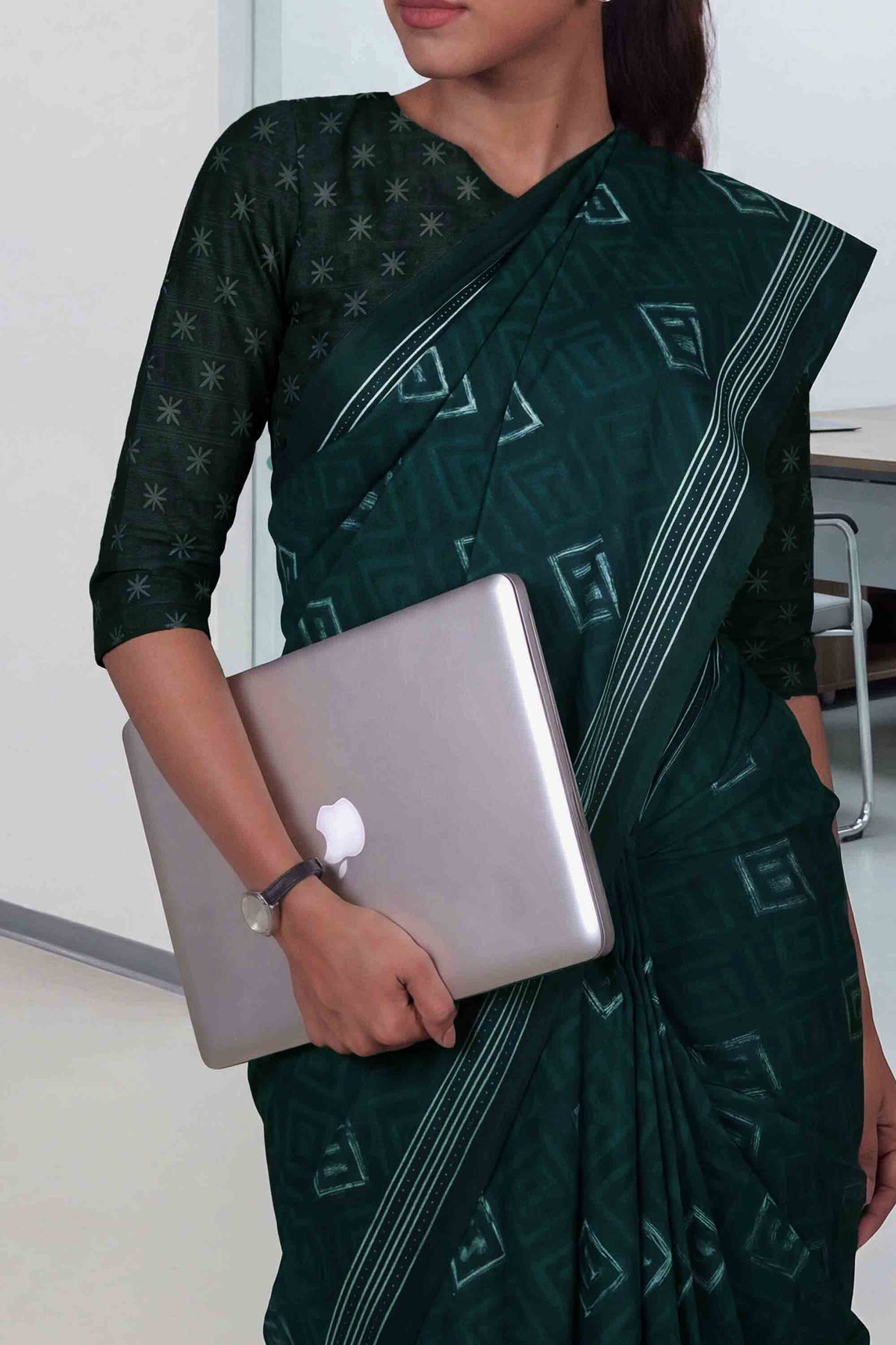 Blue geometric printed cotton blend saree work wear
