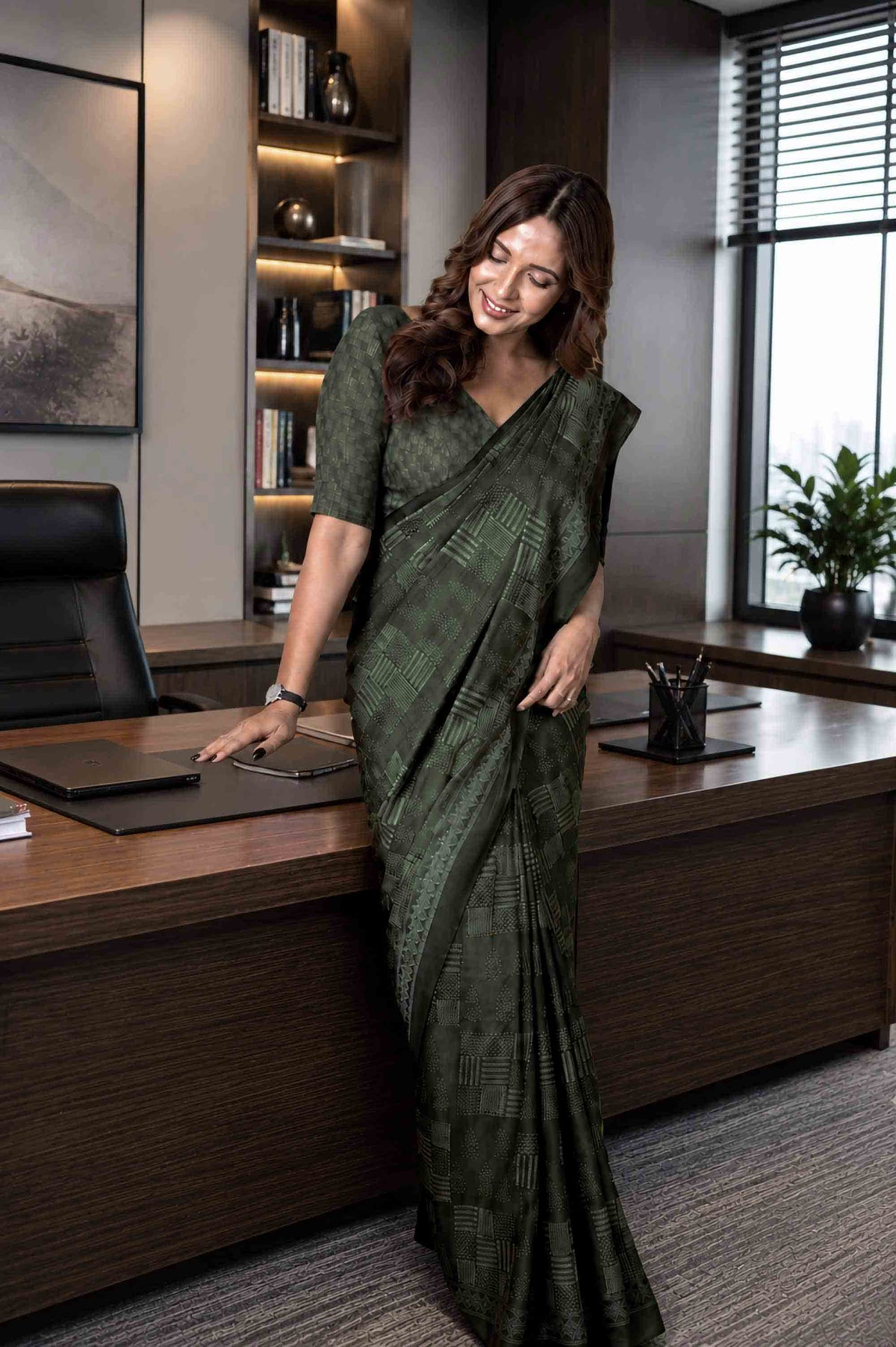 Green geometric printed cotton blend saree formal wear
