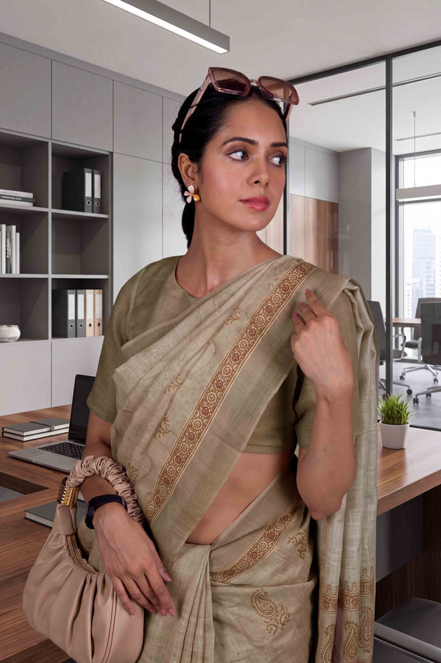 Brown floral printed cotton blend saree office wear
