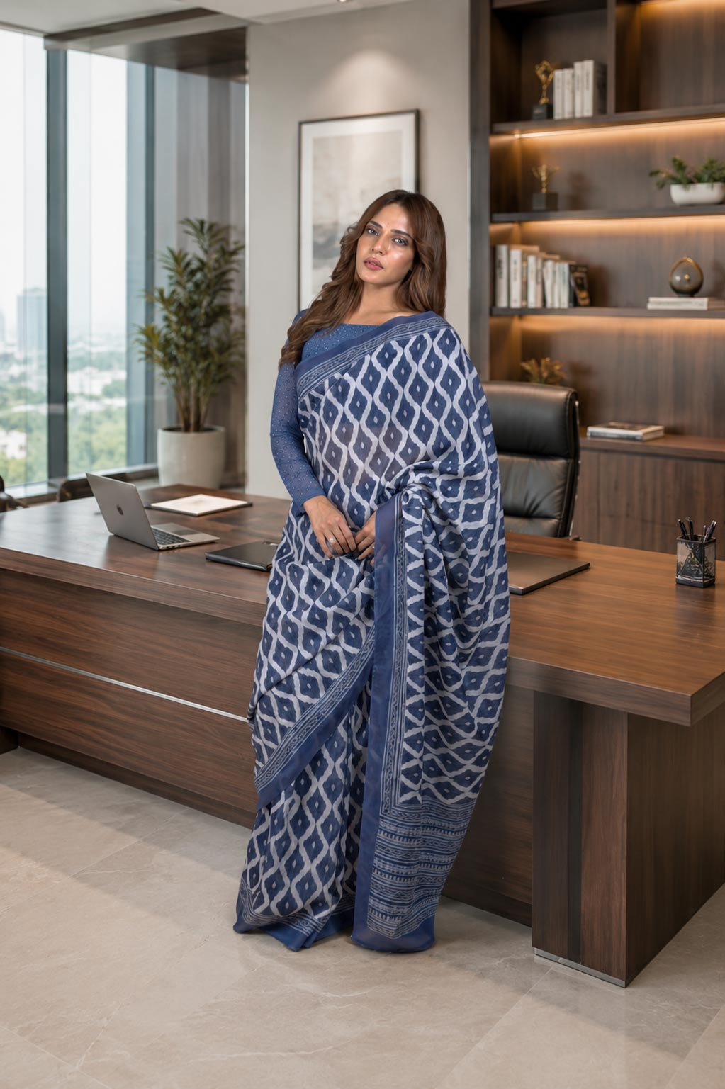 Blue geometric printed cotton blend saree office wear
