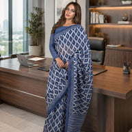 Blue geometric printed cotton blend saree office wear
