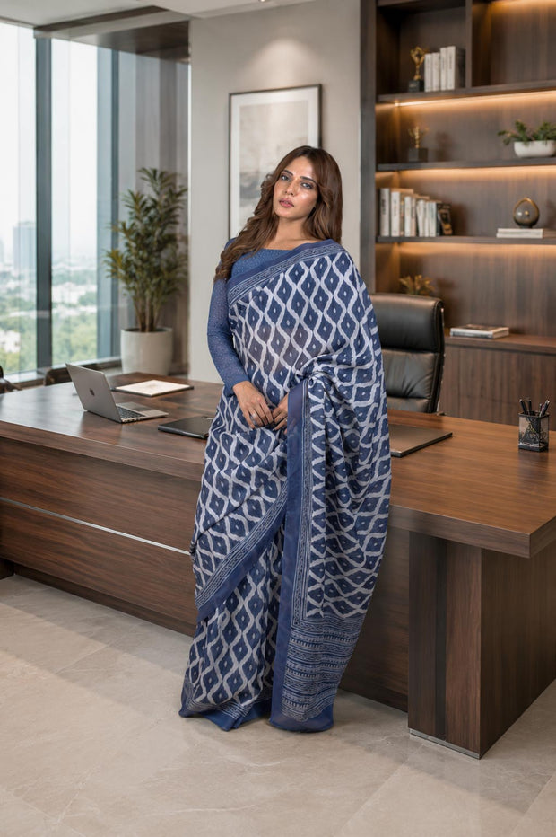 Blue geometric printed cotton blend saree office wear
