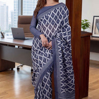 Blue geometric printed cotton blend saree corporate wear
