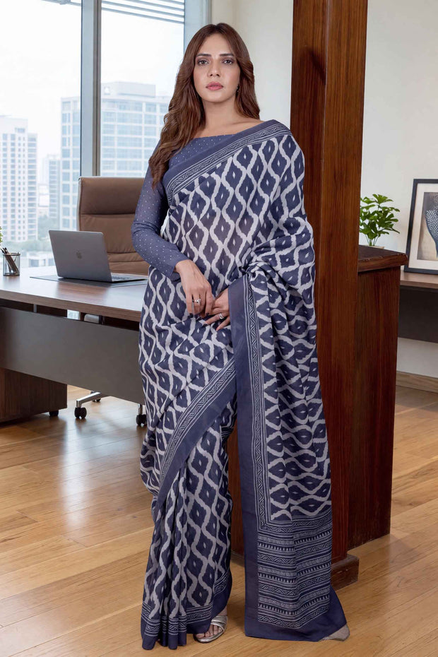 Blue geometric printed cotton blend saree corporate wear
