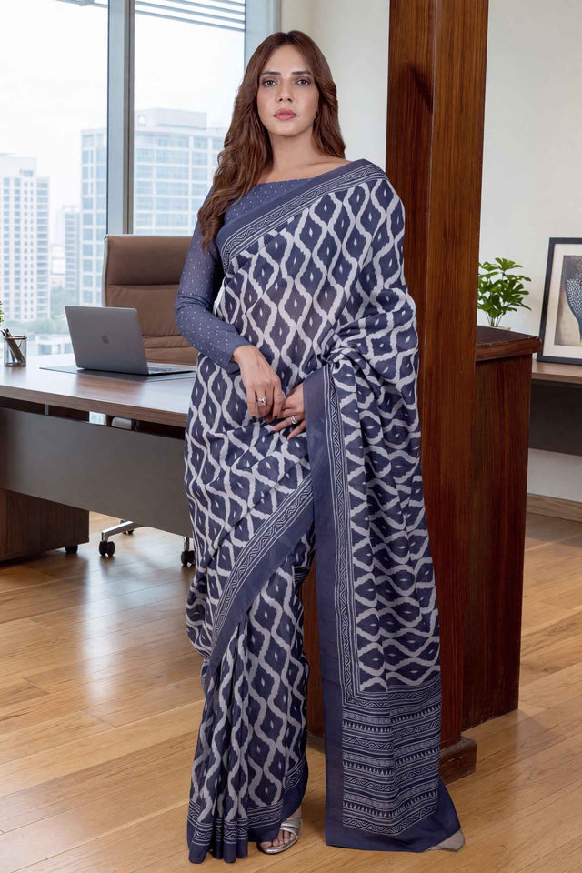 Blue geometric printed cotton blend saree corporate wear
