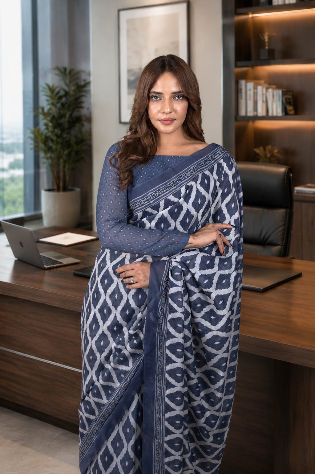 Blue geometric printed cotton blend saree work wear
