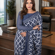 Blue geometric printed cotton blend saree work wear
