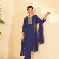 Laxmipati Tara Sequin Work Straight Kurta Set with Trousers & Dupatta in Blue Color