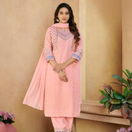 Laxmipati Gulabo Foil-Printed Straight Kurta Set with Trousers & Dupatta in Pink Color