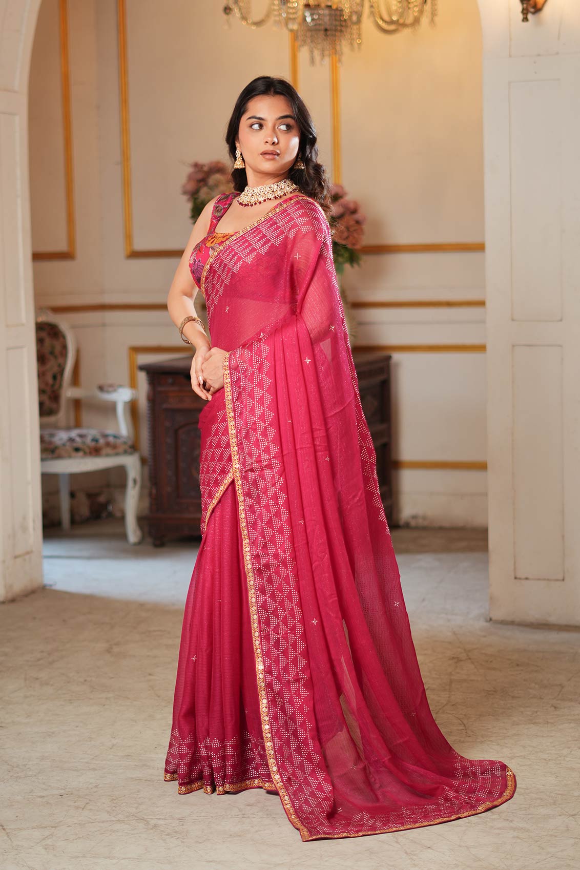 Laxmipati Anaya Wine Geometric Foil Work Chiffon Saree