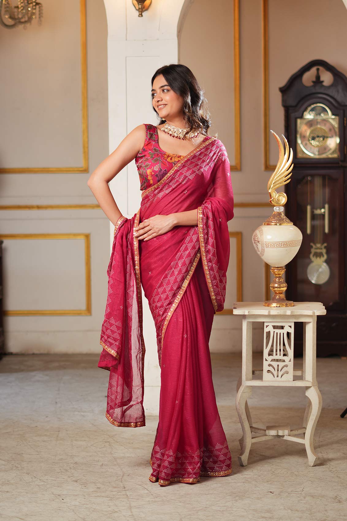 Laxmipati Anaya Wine Geometric Foil Work Chiffon Saree