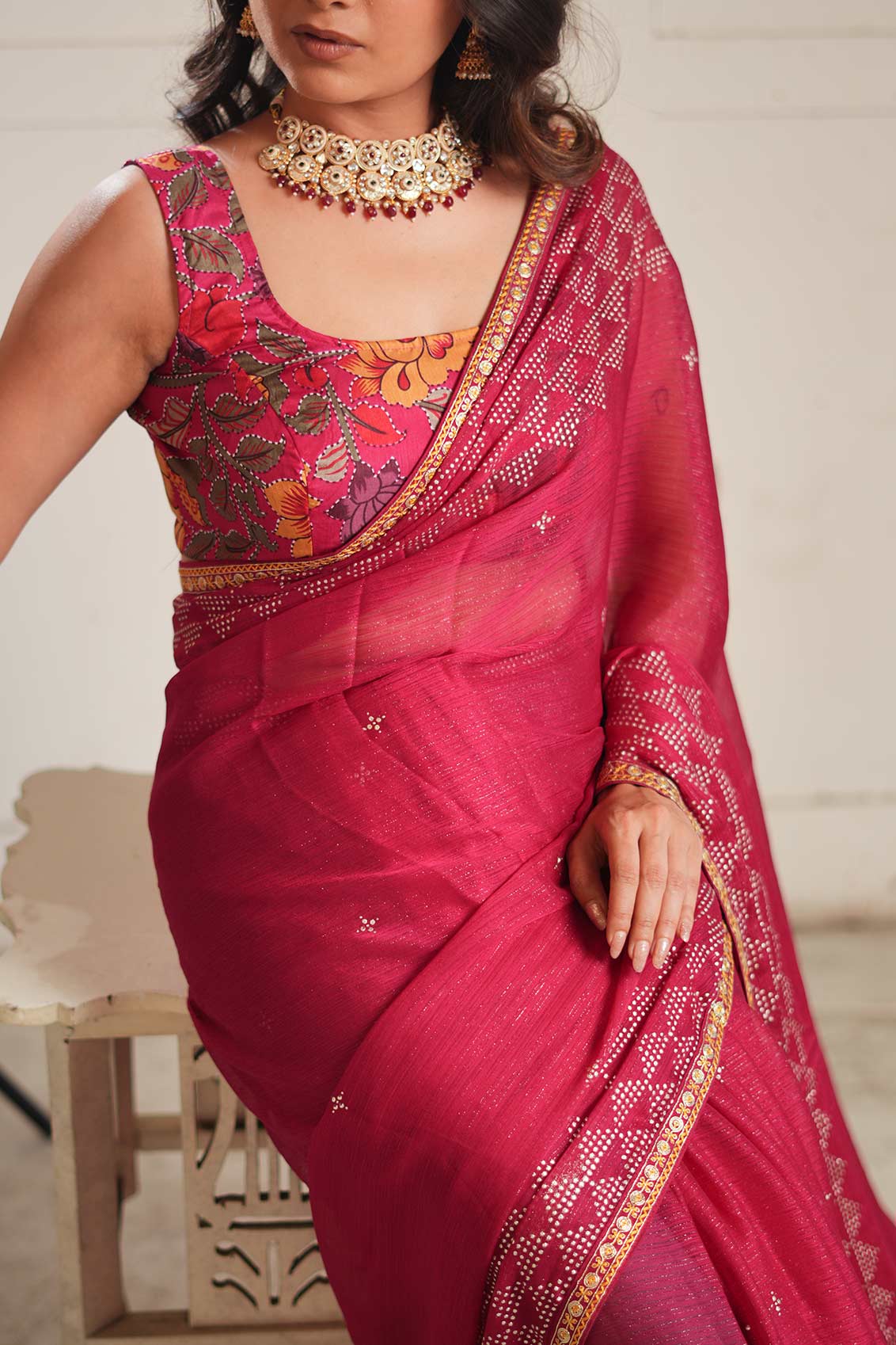 Laxmipati Anaya Wine Geometric Foil Work Chiffon Saree