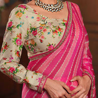 Laxmipati Raadhika Pink Striped Ikat Print Chiffon Saree