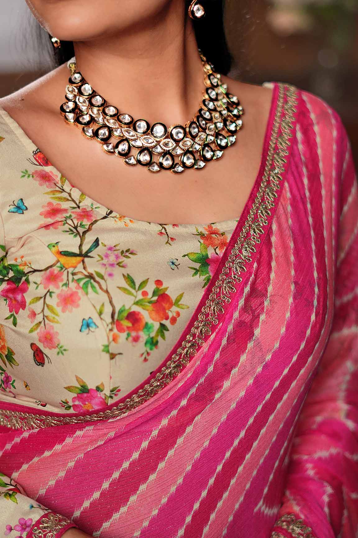 Laxmipati Raadhika Pink Striped Ikat Print Chiffon Saree