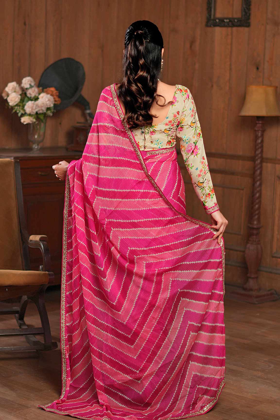 Laxmipati Raadhika Pink Striped Ikat Print Chiffon Saree