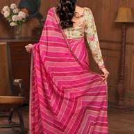 Laxmipati Raadhika Pink Striped Ikat Print Chiffon Saree