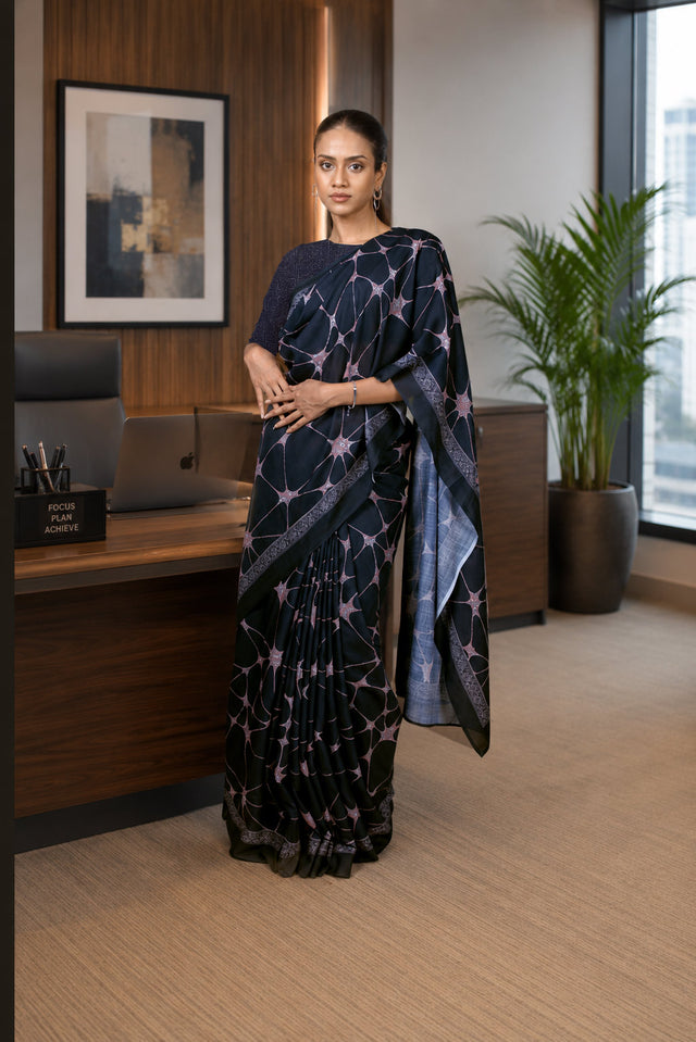 Laxmipati Power Pleats Black Cotton Blend Abstract Printed Saree
