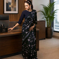 Laxmipati Power Pleats Black Cotton Blend Abstract Printed Saree