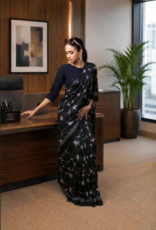 Laxmipati Power Pleats Black Cotton Blend Abstract Printed Saree