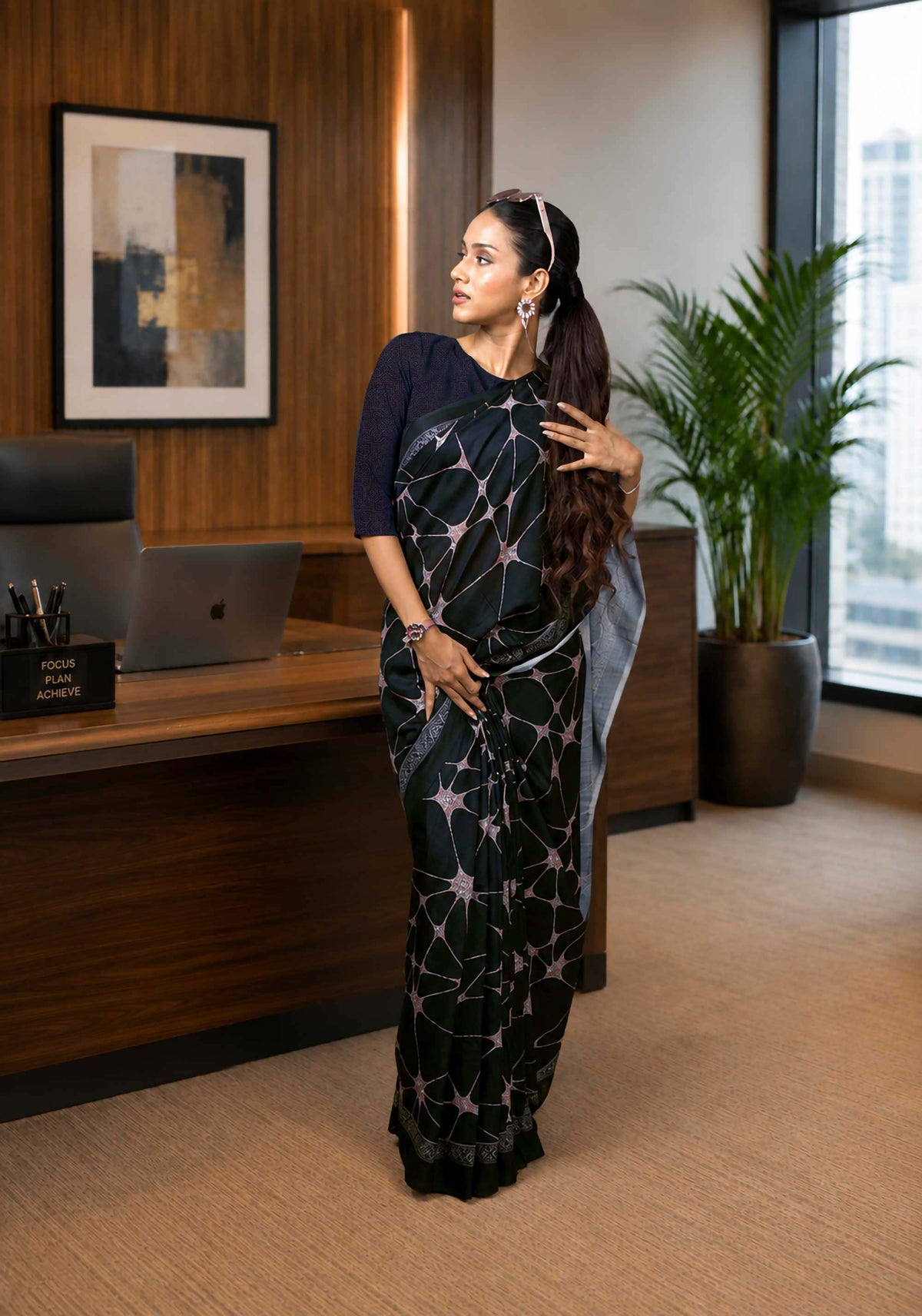 Laxmipati Power Pleats Black Cotton Blend Abstract Printed Saree