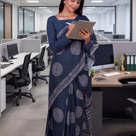 Laxmipati Power Pleats Blue Cotton Blend Geometric Printed Saree