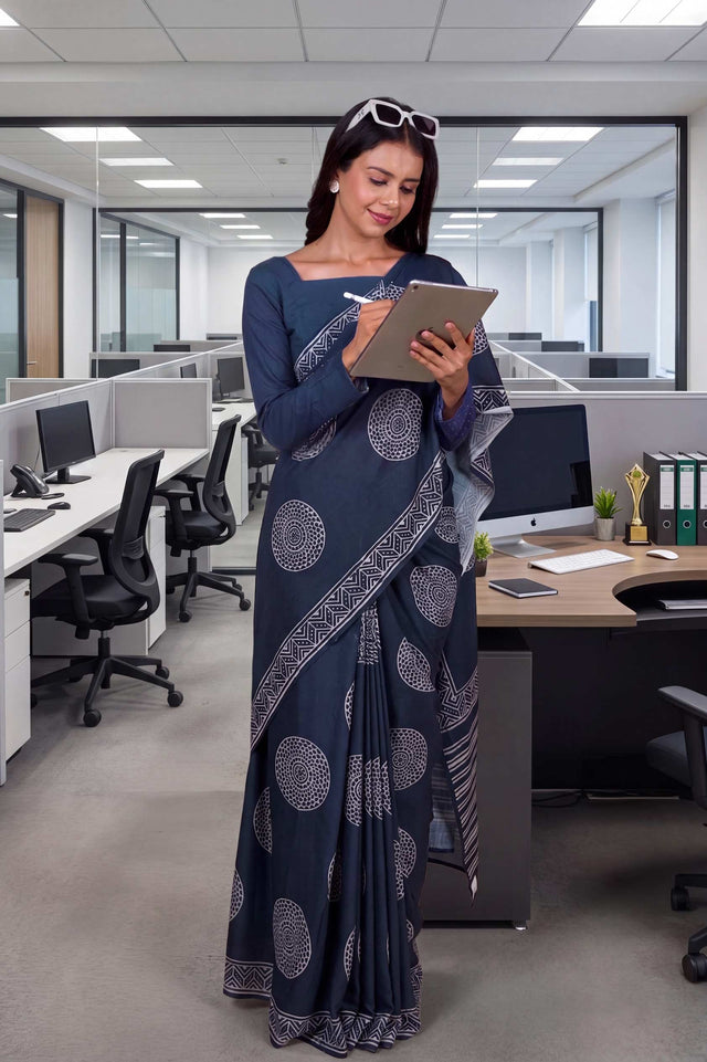 Laxmipati Power Pleats Blue Cotton Blend Geometric Printed Saree